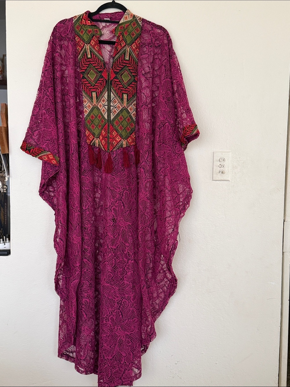 Bohemian Jordanian Lace Maxi Dress Hand Embroidered - Magenta